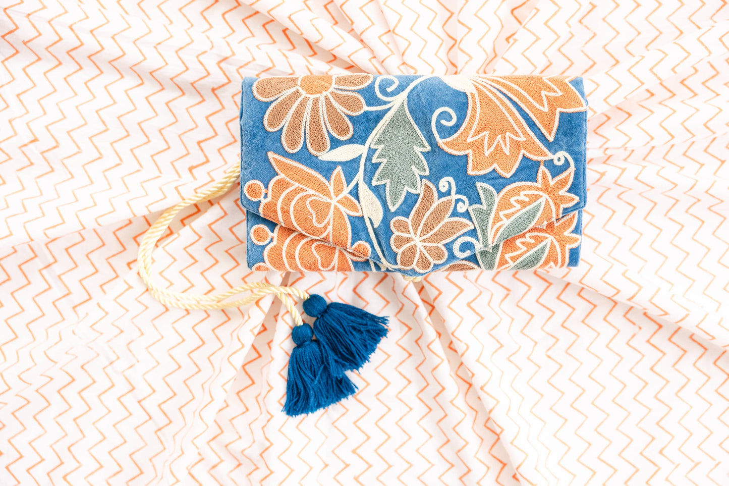 Embroidered Velvet Jewelry Organizer Blue