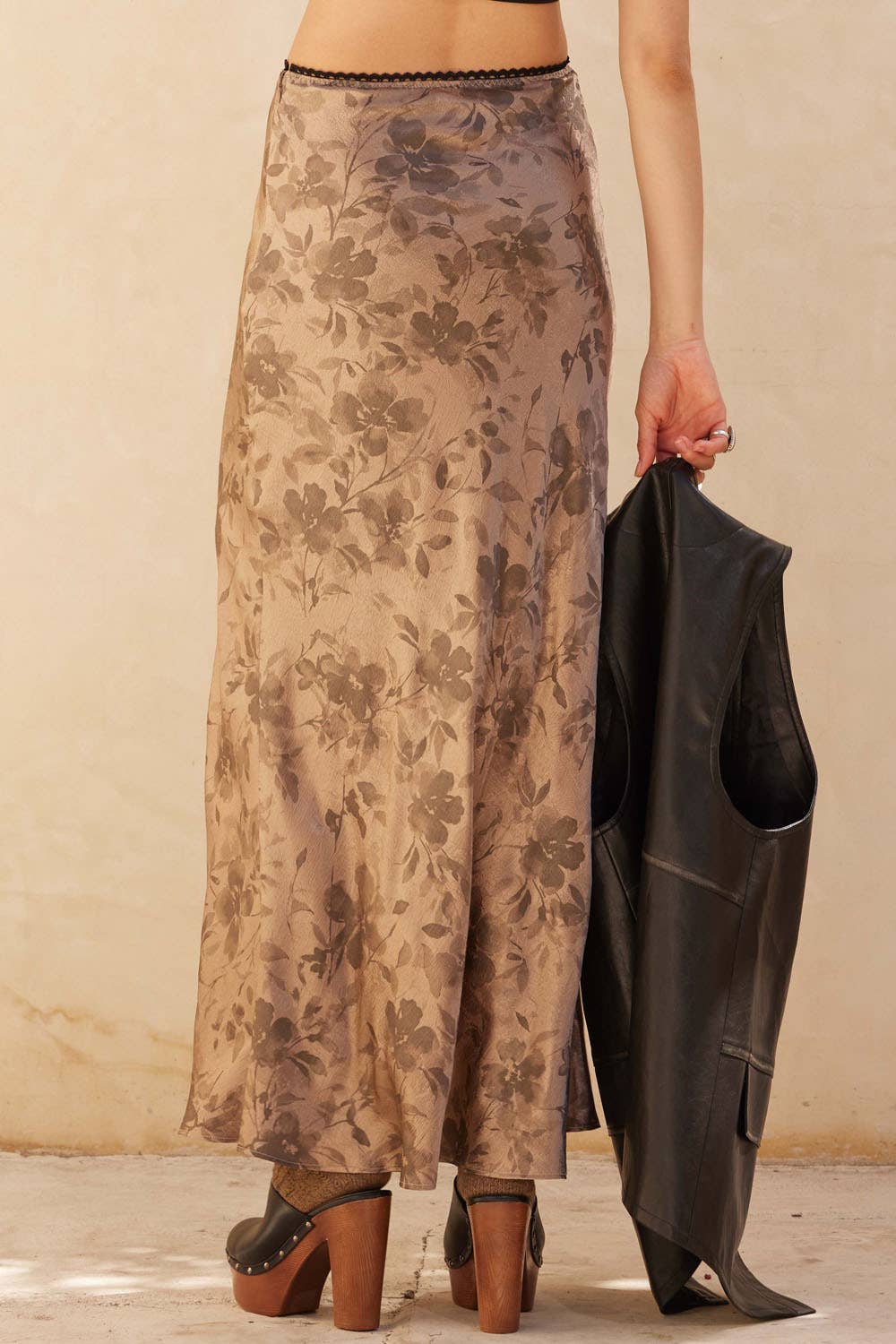 Floral Taupe Satin Maxi Skirt