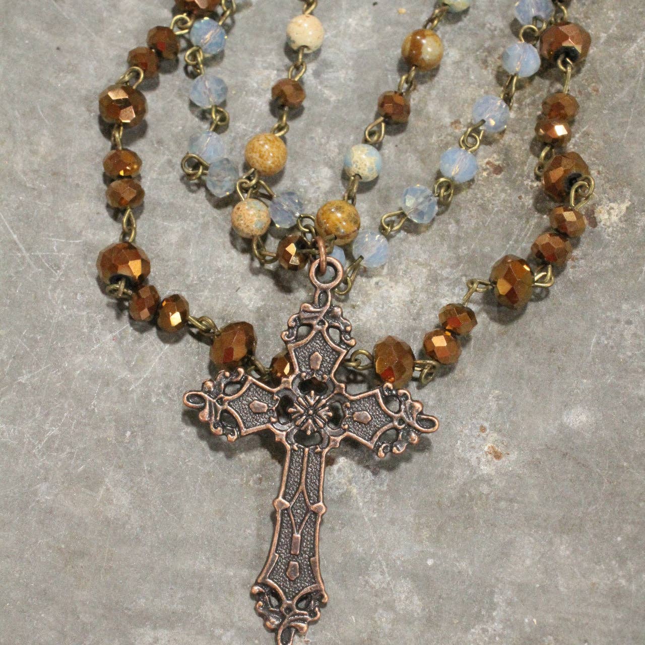 Copper Cross & Stone Layered Necklace