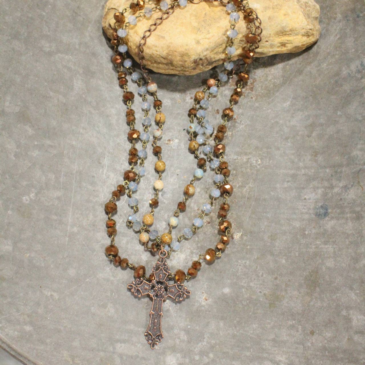 Copper Cross & Stone Layered Necklace