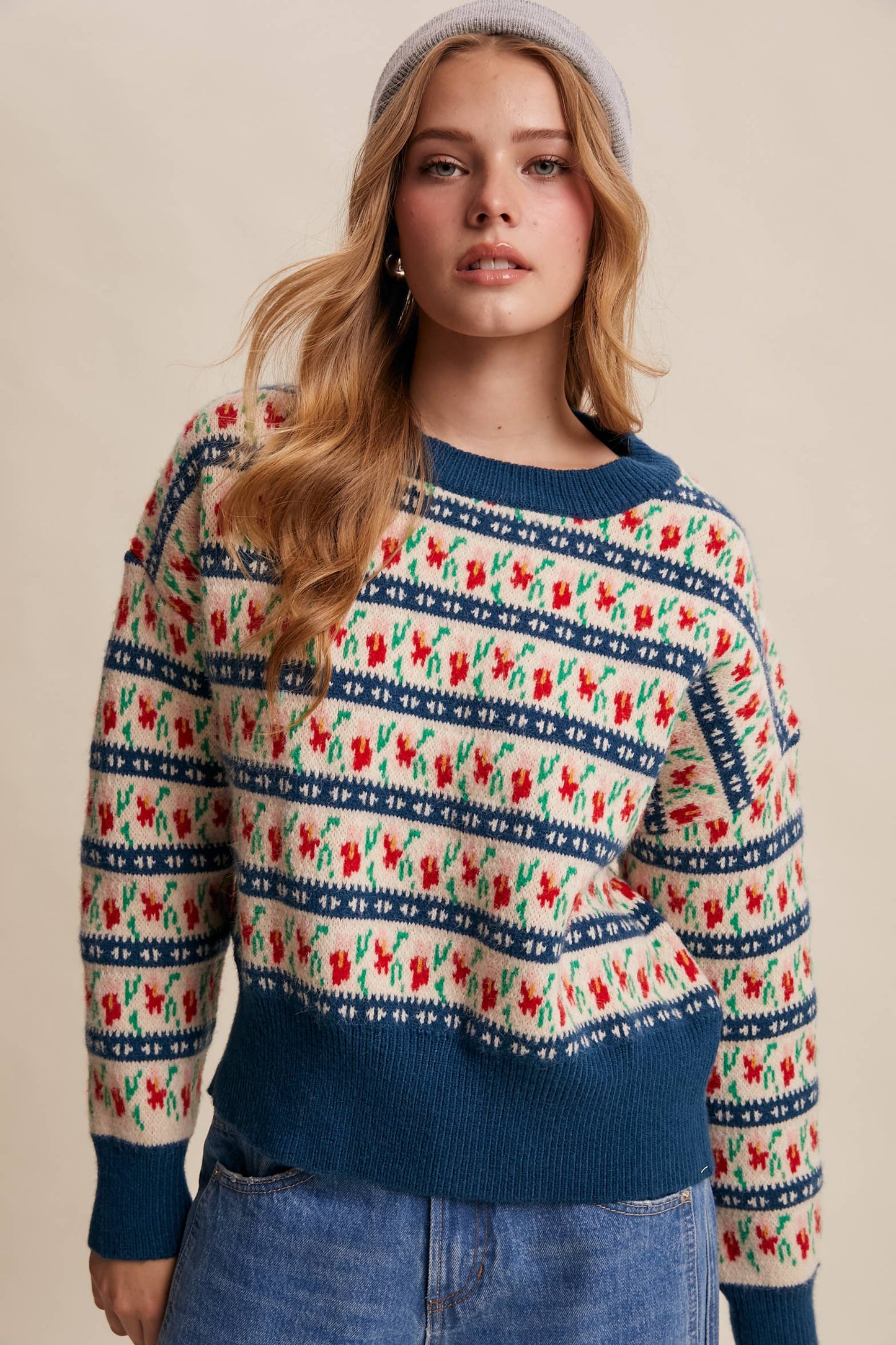 Teal Jacquard Knit Sweater