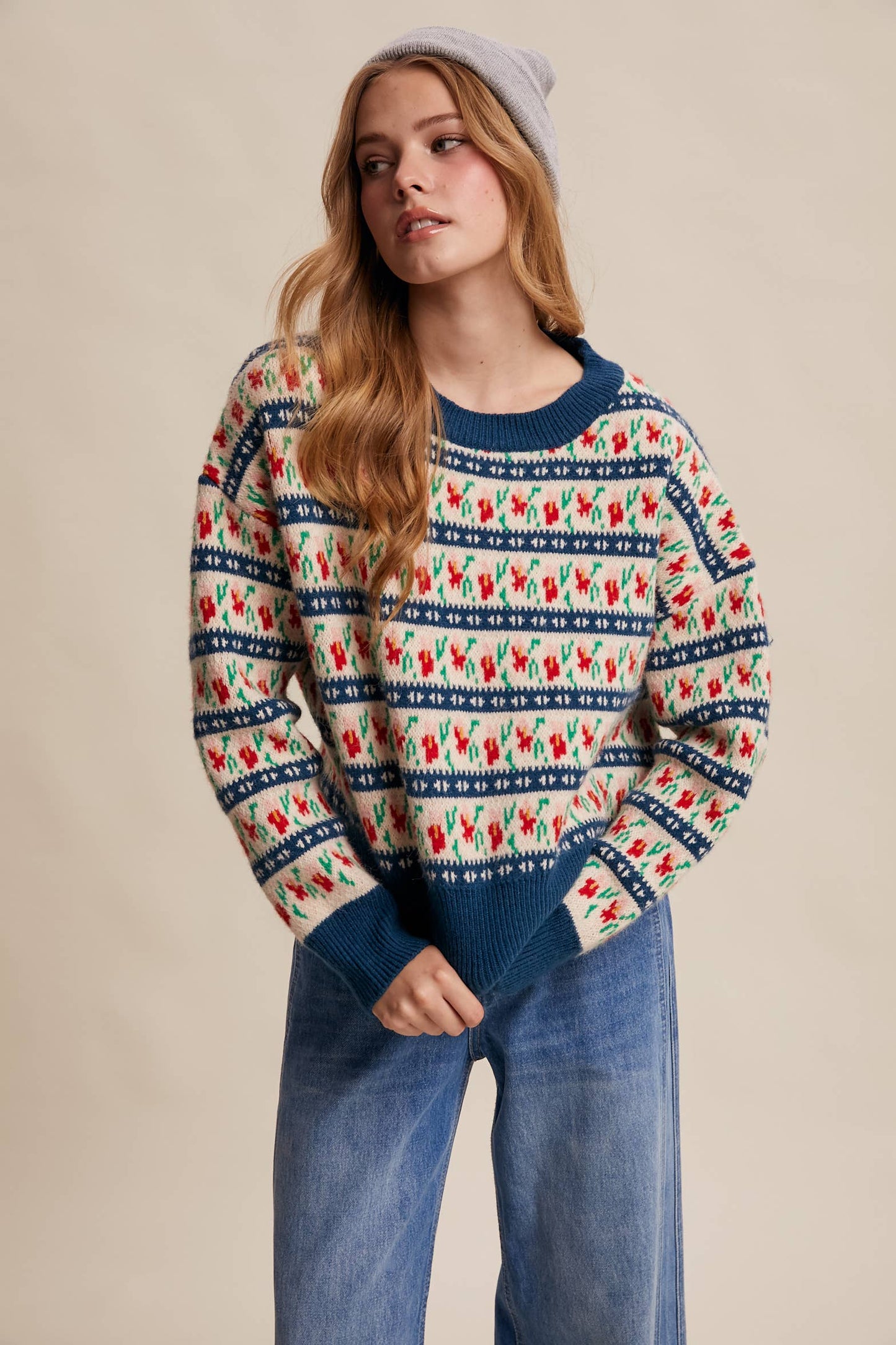 Teal Jacquard Knit Sweater