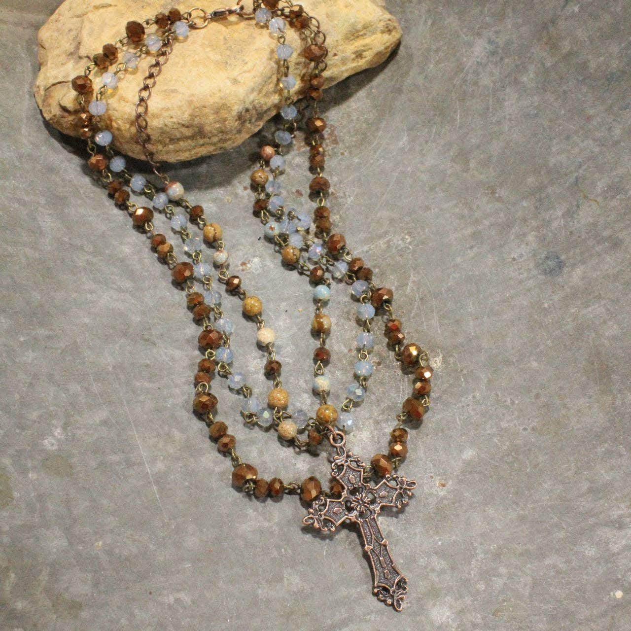 Copper Cross & Stone Layered Necklace