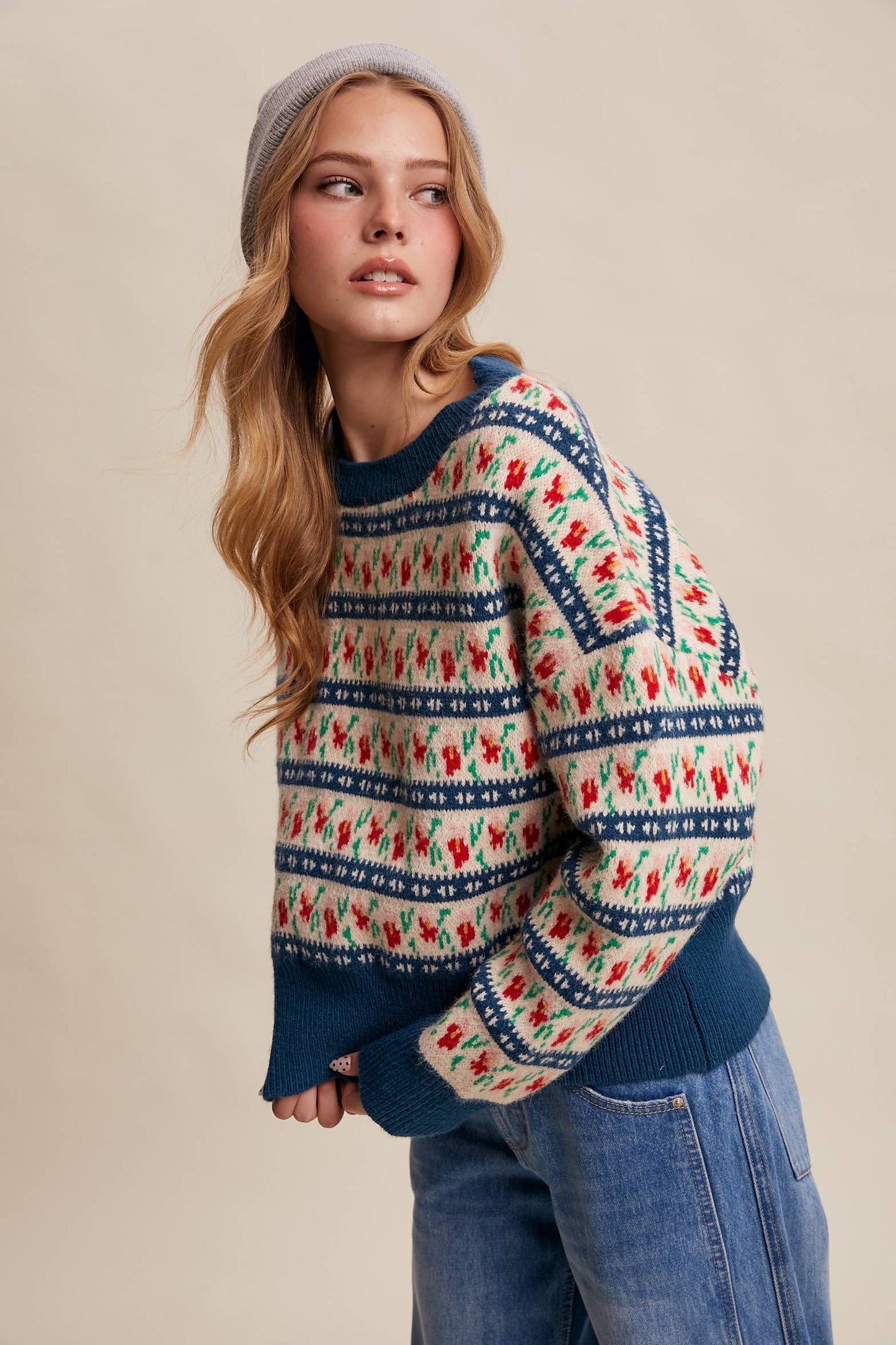 Teal Jacquard Knit Sweater