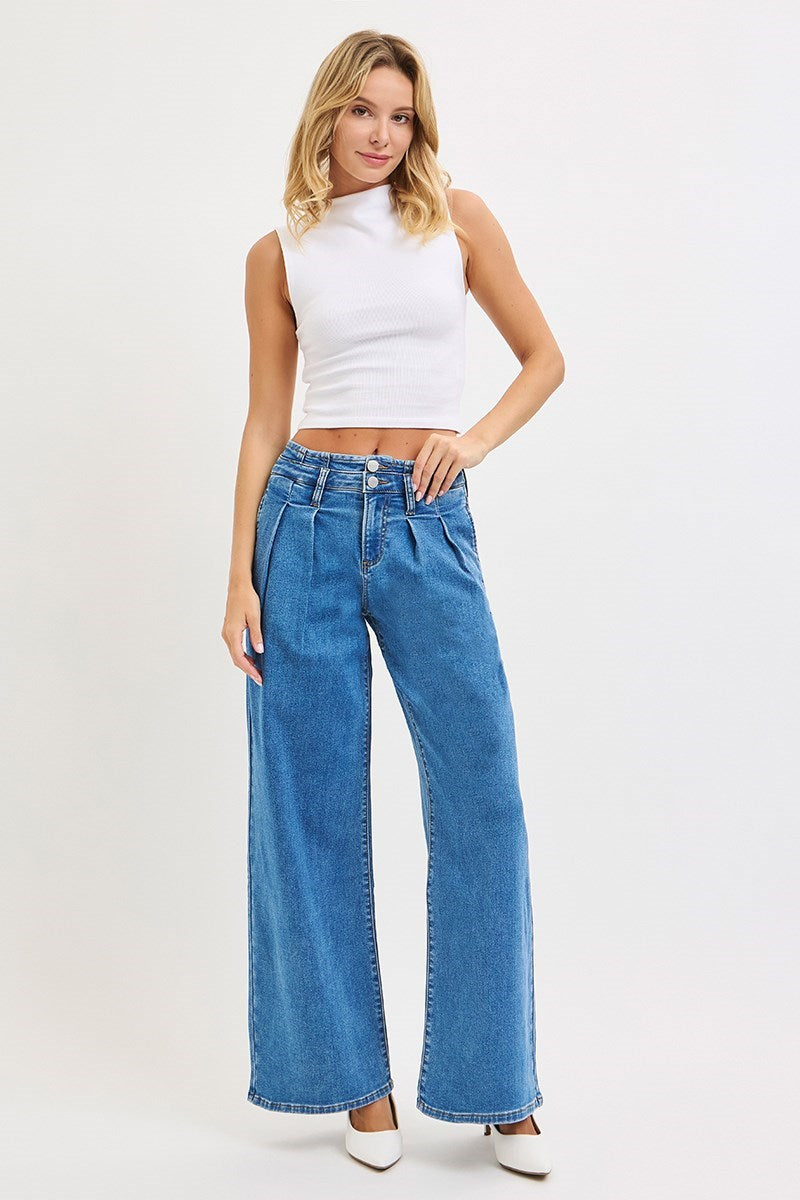 Pleated Wide Leg Jeans