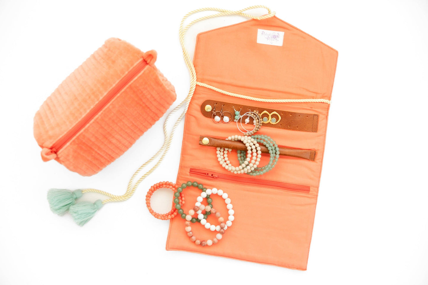 Embroidered Velvet Jewelry Organizer-Coral