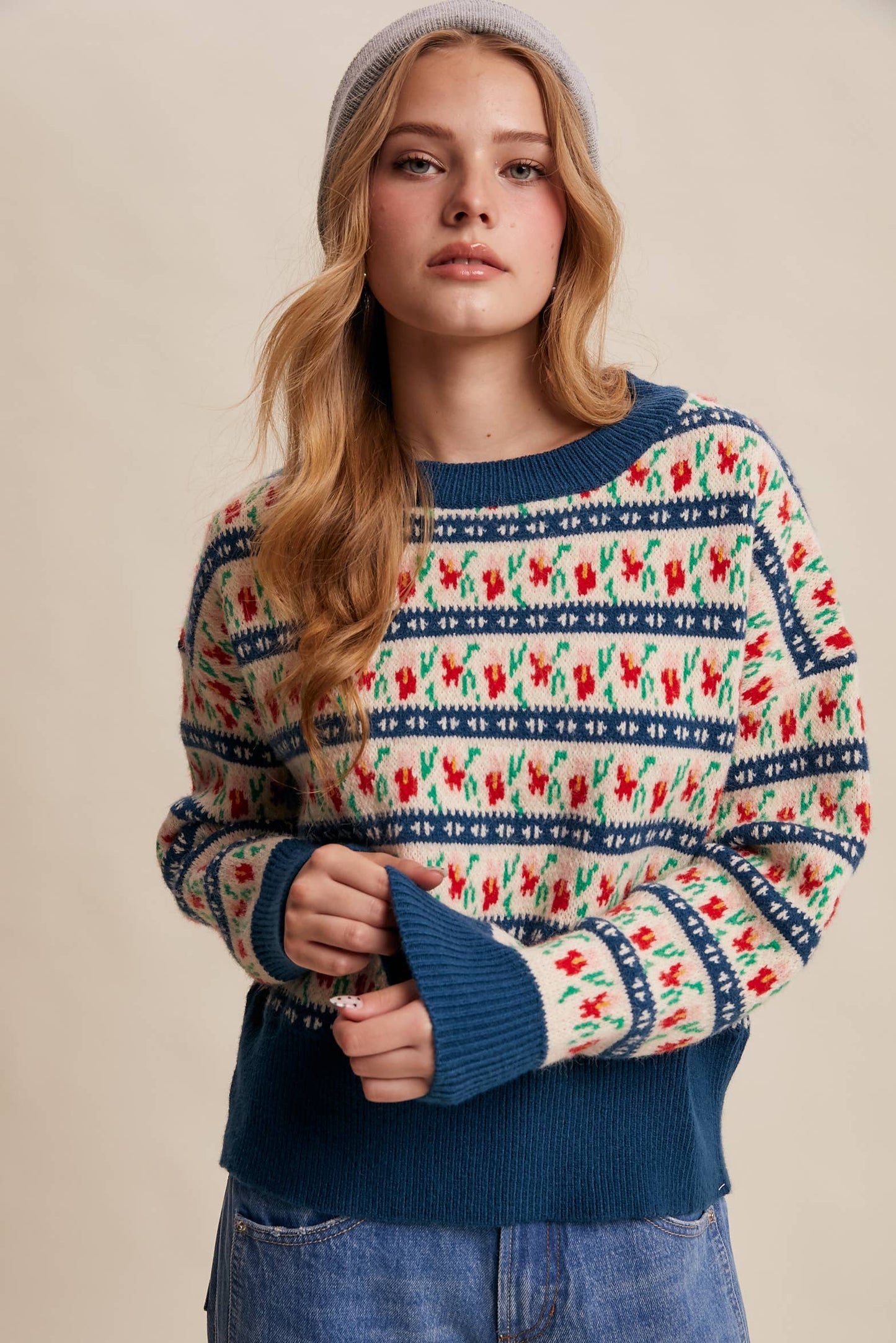 Teal Jacquard Knit Sweater