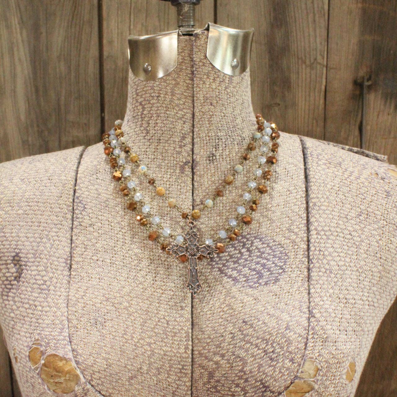 Copper Cross & Stone Layered Necklace