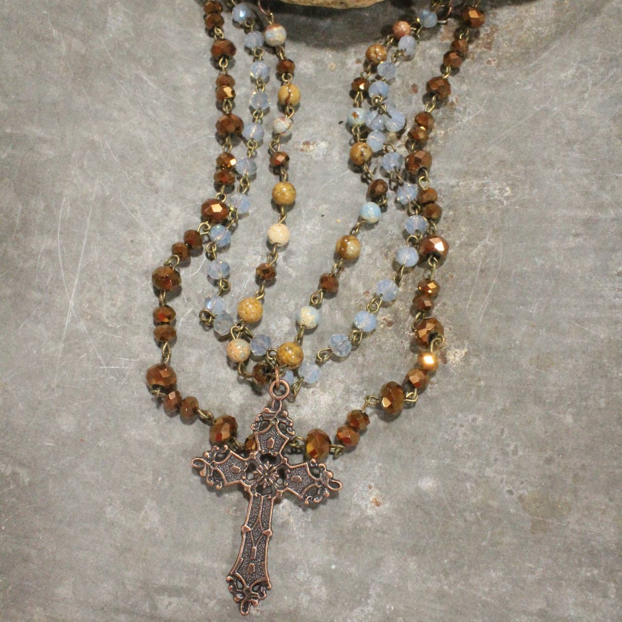 Copper Cross & Stone Layered Necklace