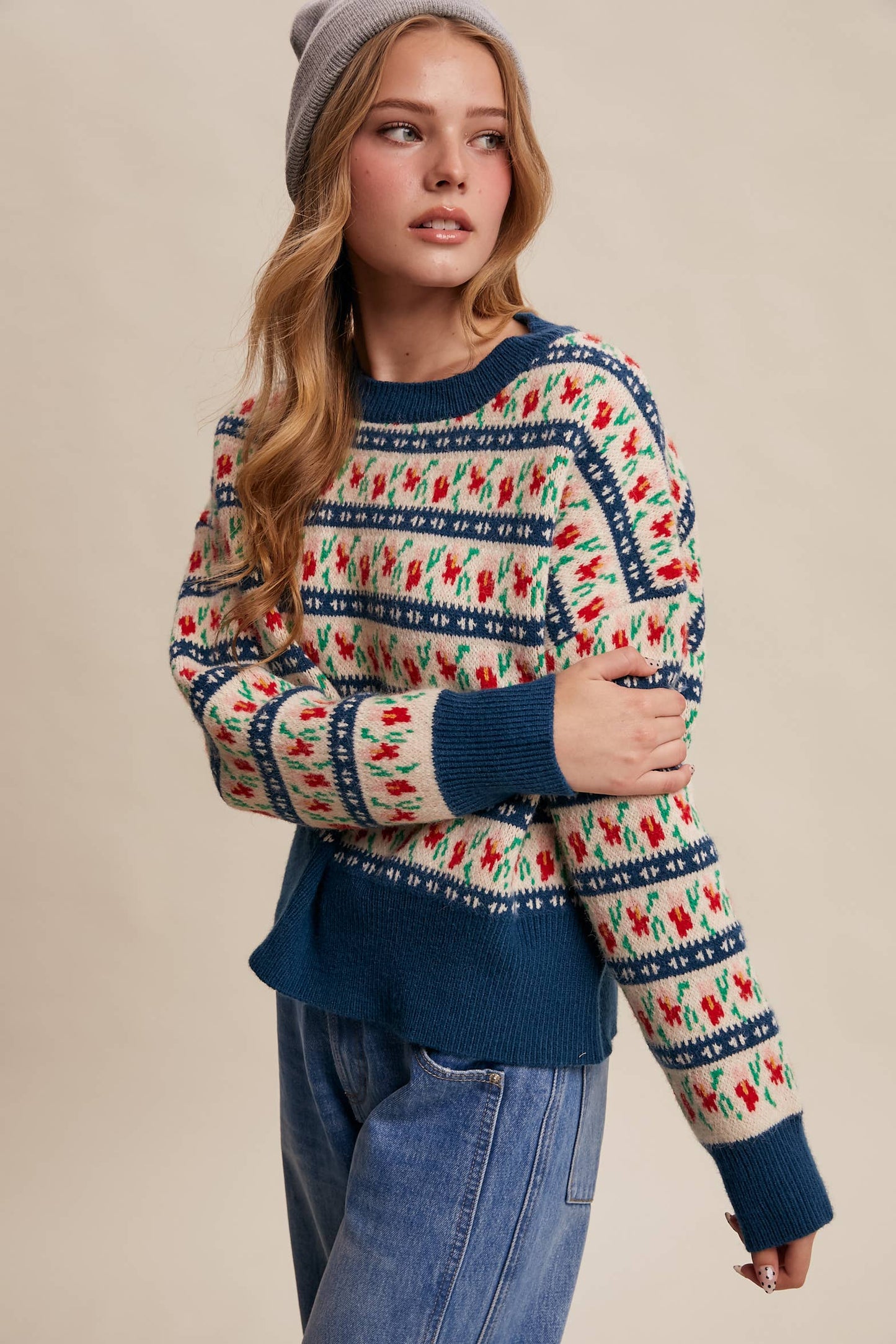 Teal Jacquard Knit Sweater