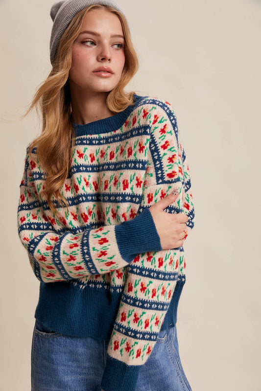 Teal Jacquard Knit Sweater
