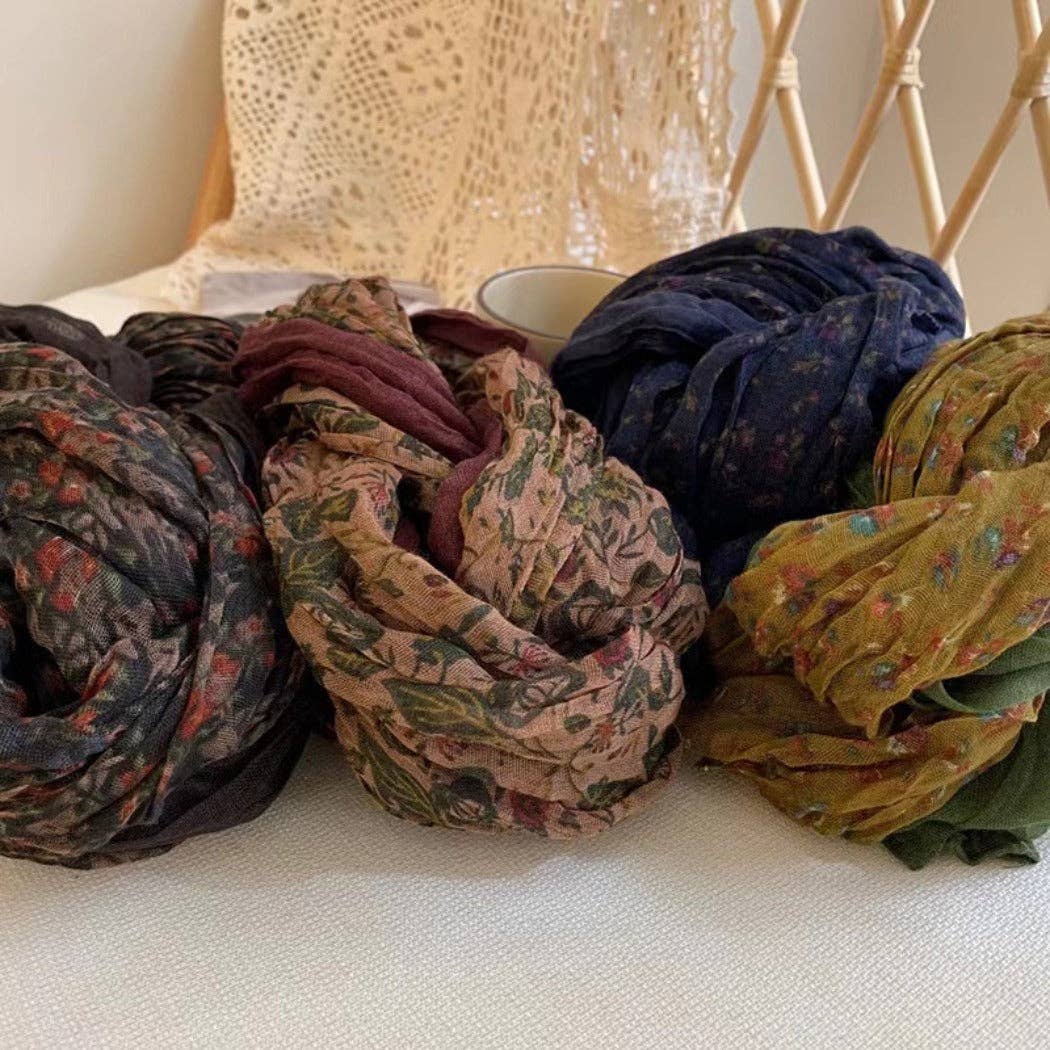 Vintage Floral Ruched Scarf