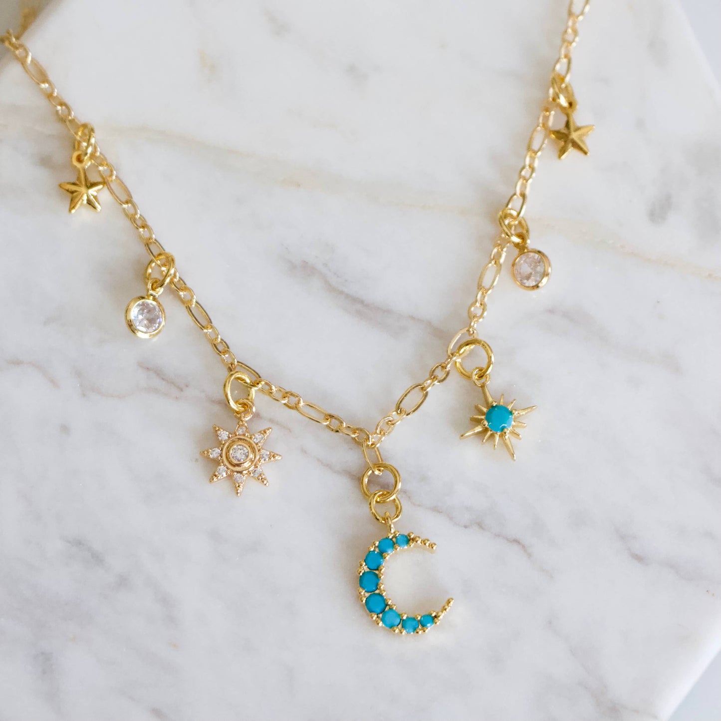 CZ, Turquoise, Celestial Charm Necklace - Sun, Moon, Stars