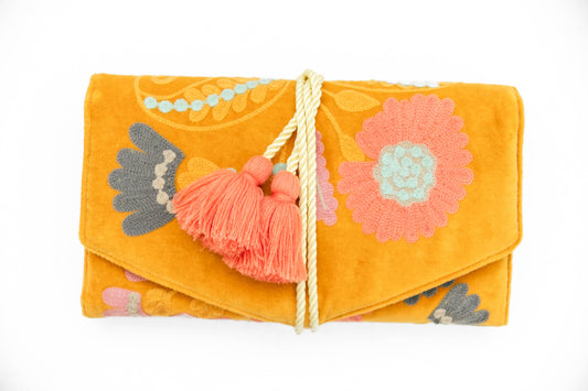 Embroidered Velvet Jewelry Organizer-Mustard
