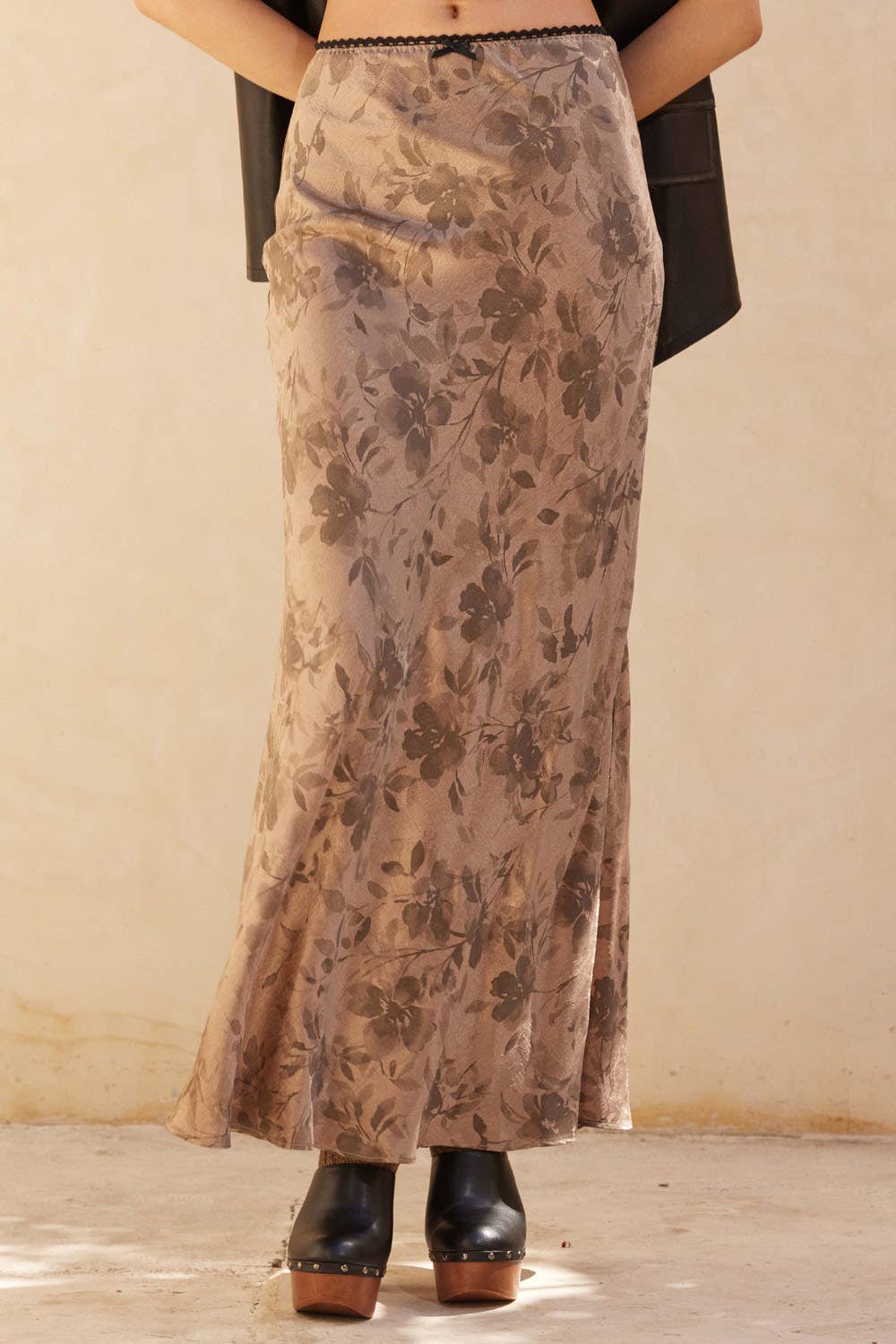 Floral Taupe Satin Maxi Skirt