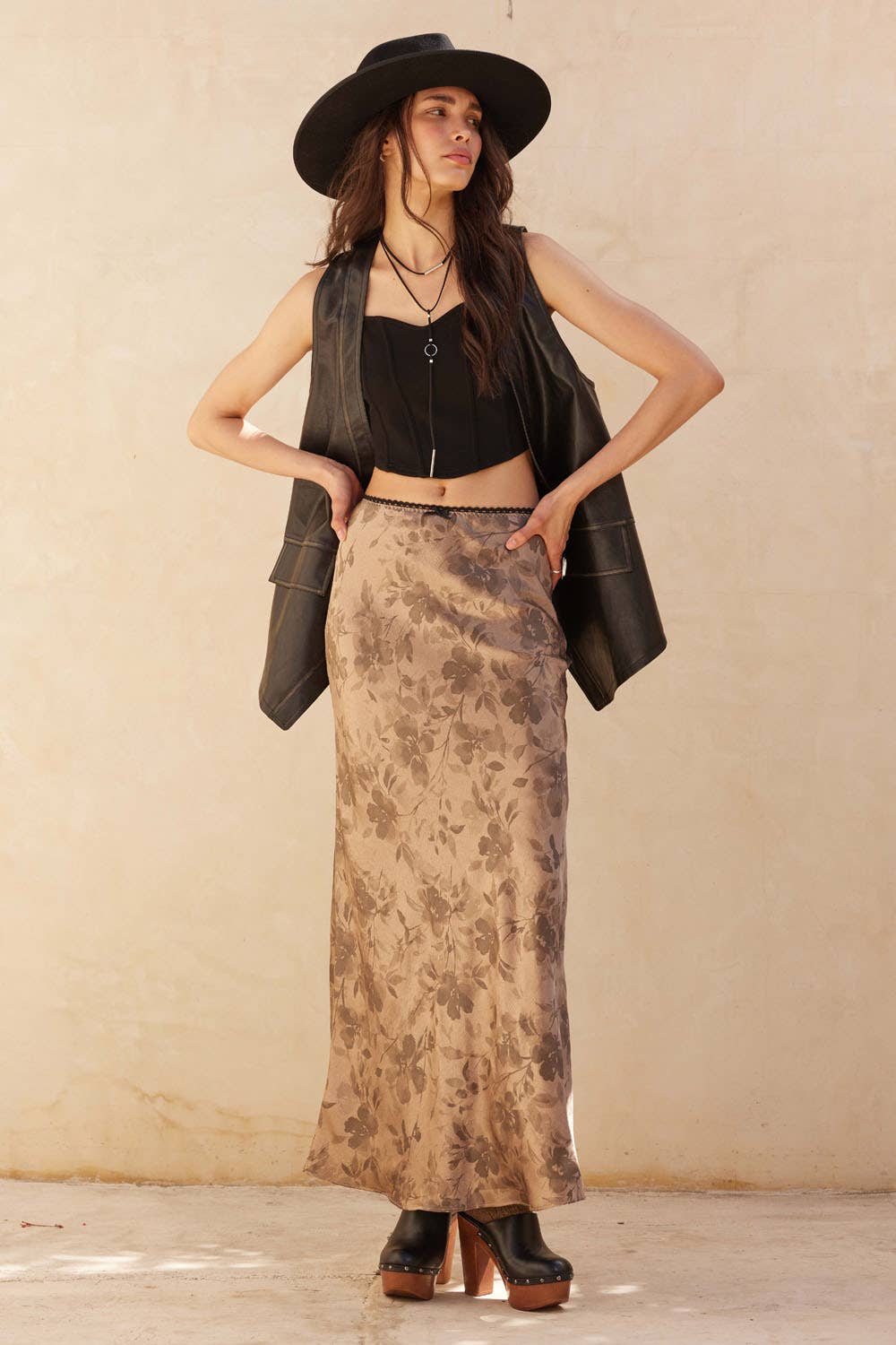 Floral Taupe Satin Maxi Skirt