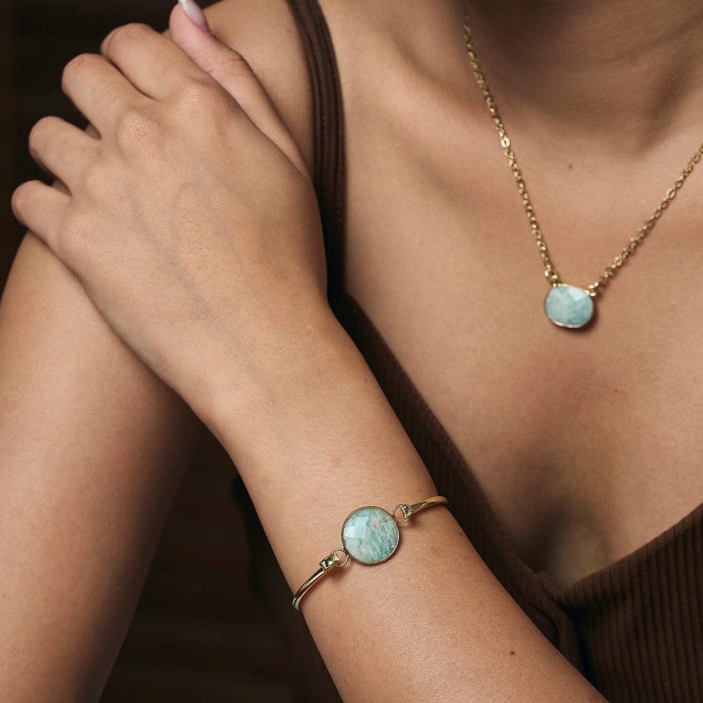 Gold Plated Bracelet with Semi-Precious Stone - Amazonite