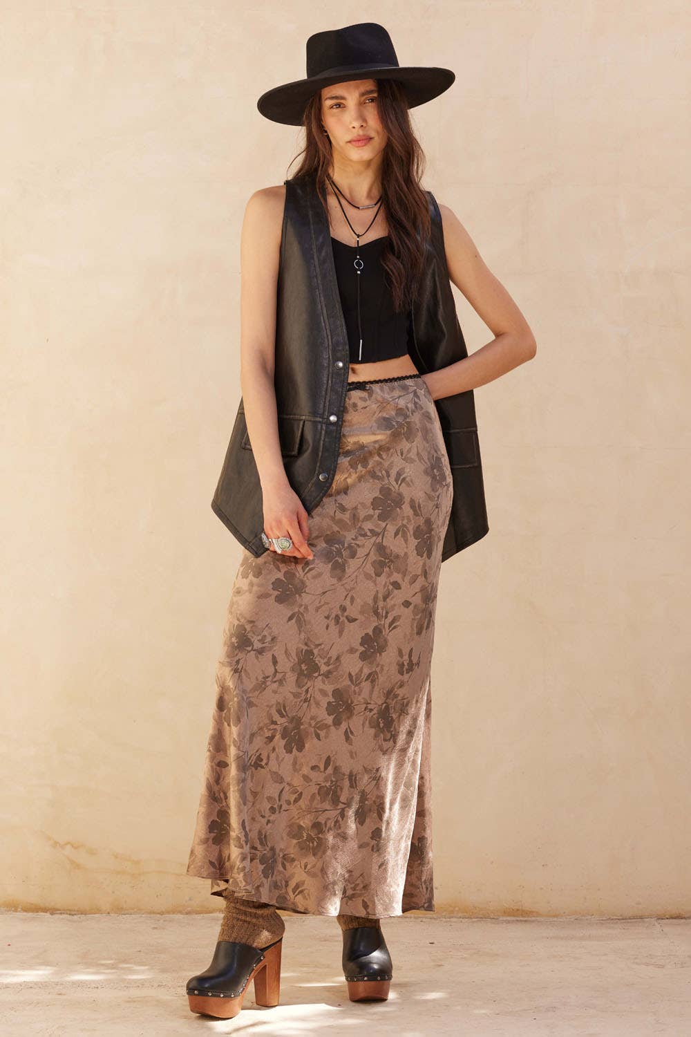 Floral Taupe Satin Maxi Skirt
