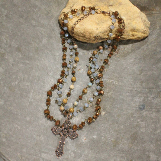 Copper Cross & Stone Layered Necklace
