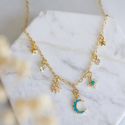 CZ, Turquoise, Celestial Charm Necklace - Sun, Moon, Stars