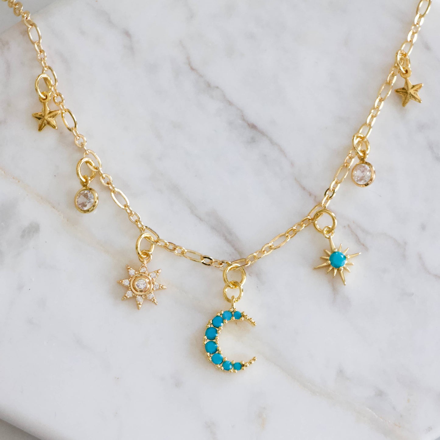 CZ, Turquoise, Celestial Charm Necklace - Sun, Moon, Stars