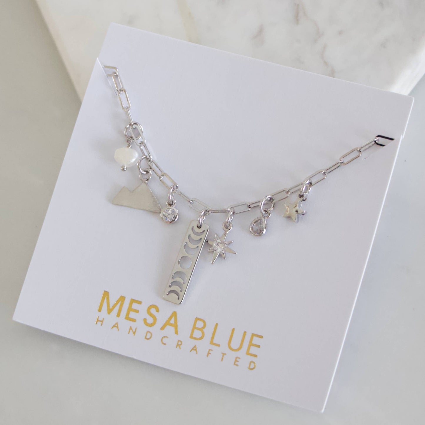 CZ, Pearl Starry Night Charm Necklace - Silver
