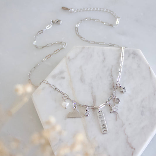 CZ, Pearl Starry Night Charm Necklace - Silver