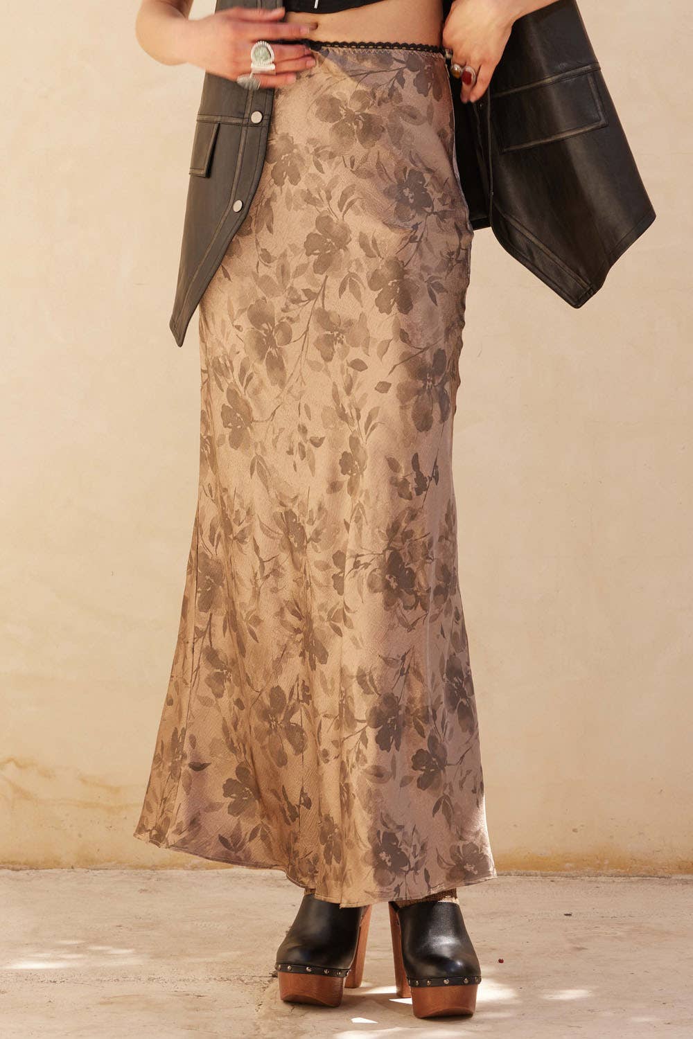 Floral Taupe Satin Maxi Skirt