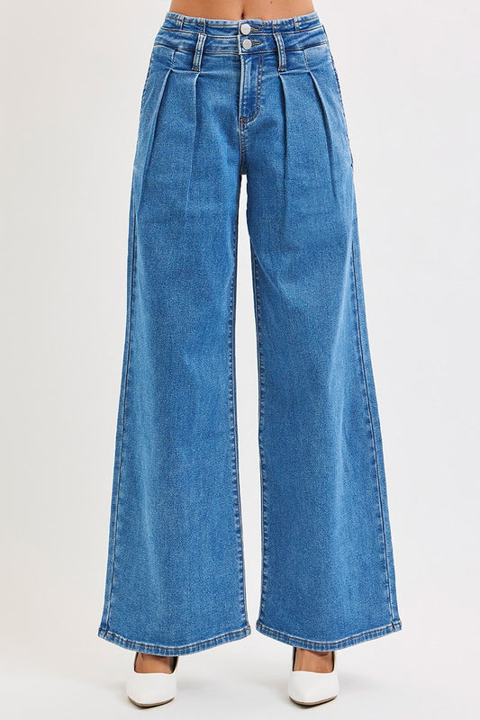 Pleated Wide Leg Jeans
