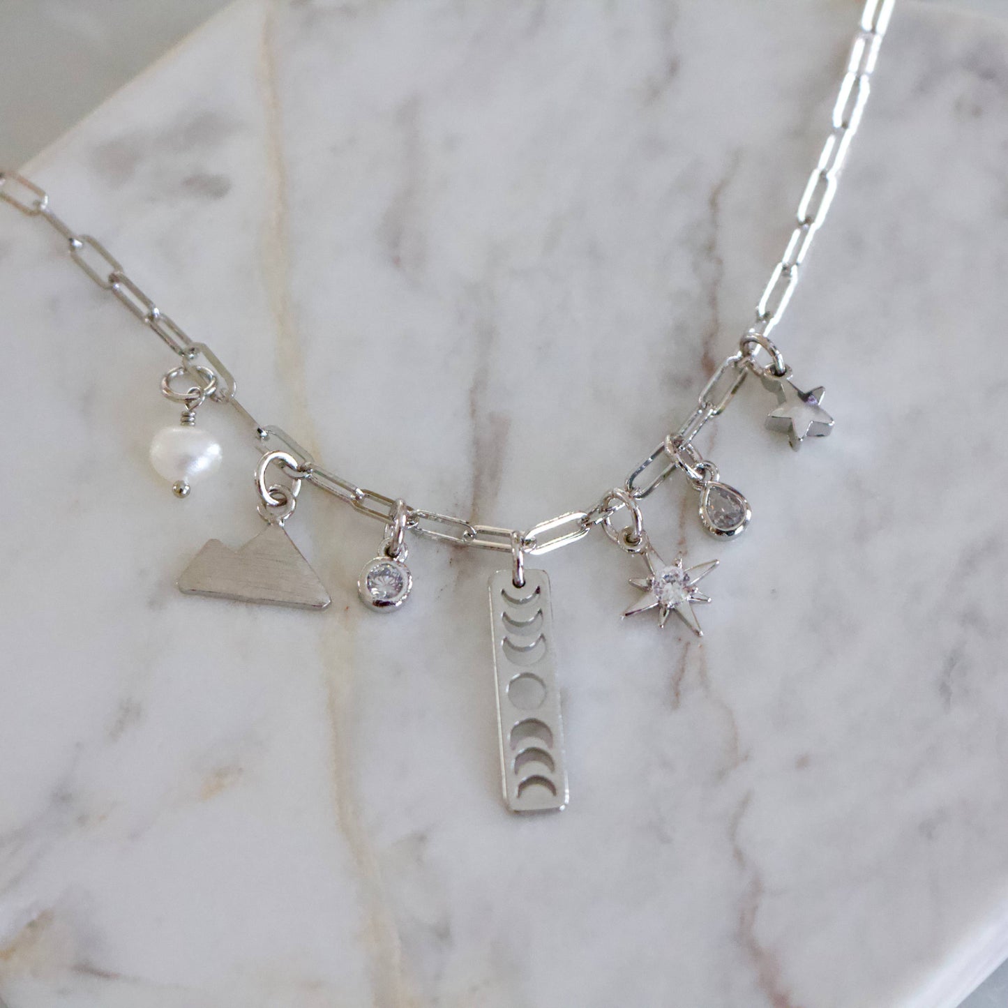 CZ, Pearl Starry Night Charm Necklace - Silver