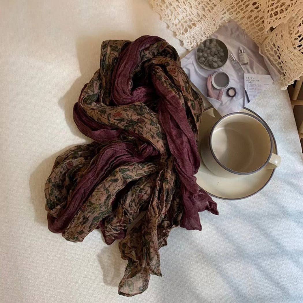 Vintage Floral Ruched Scarf