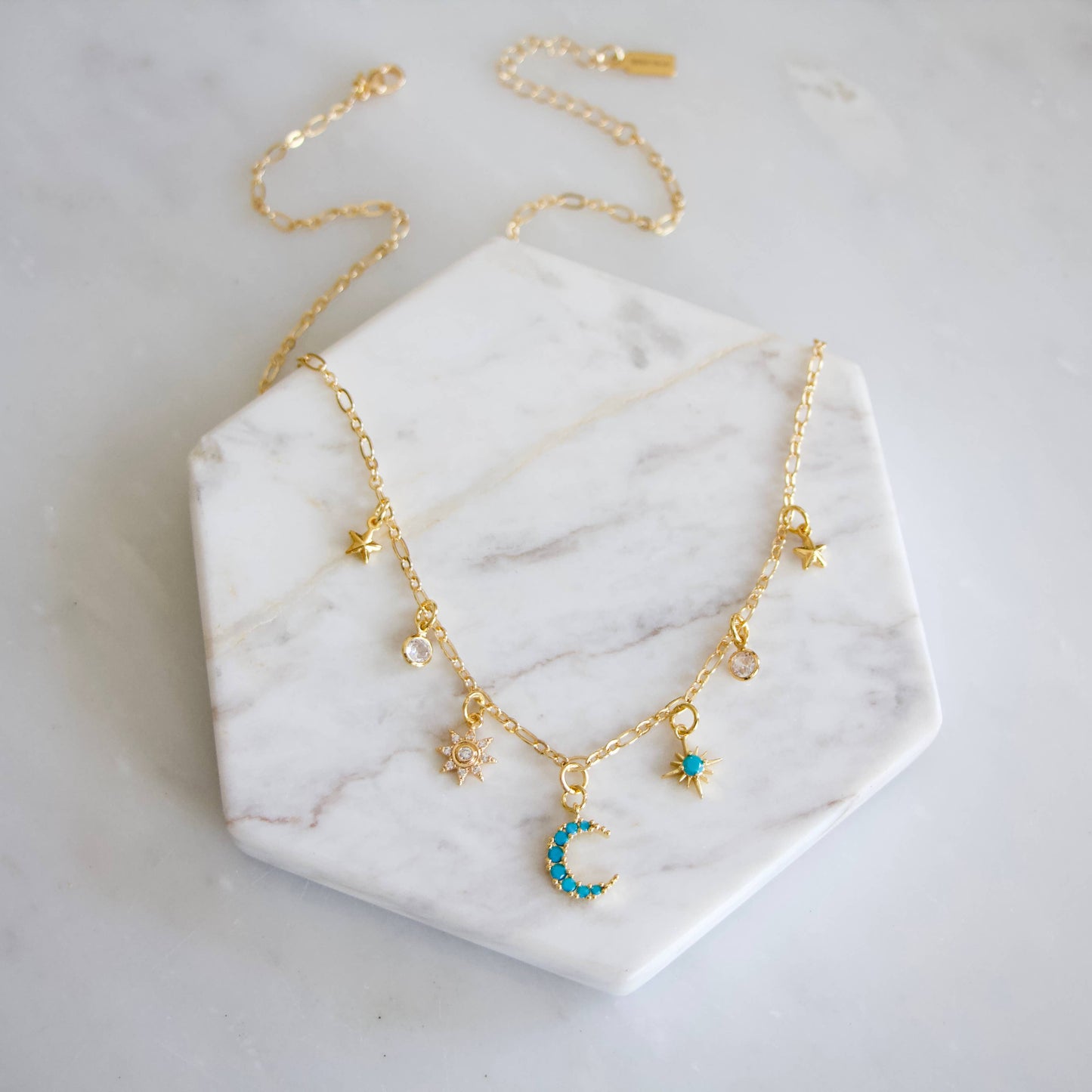 CZ, Turquoise, Celestial Charm Necklace - Sun, Moon, Stars