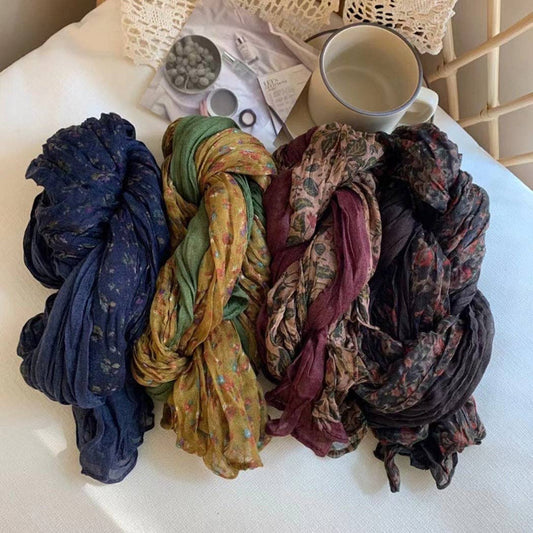 Vintage Floral Ruched Scarf